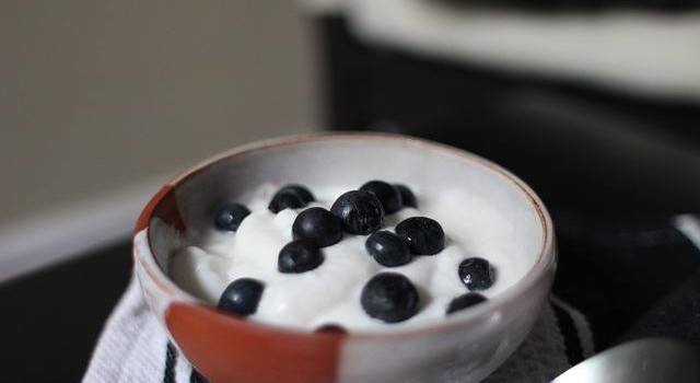 Cup of yogurt topped with blueberries