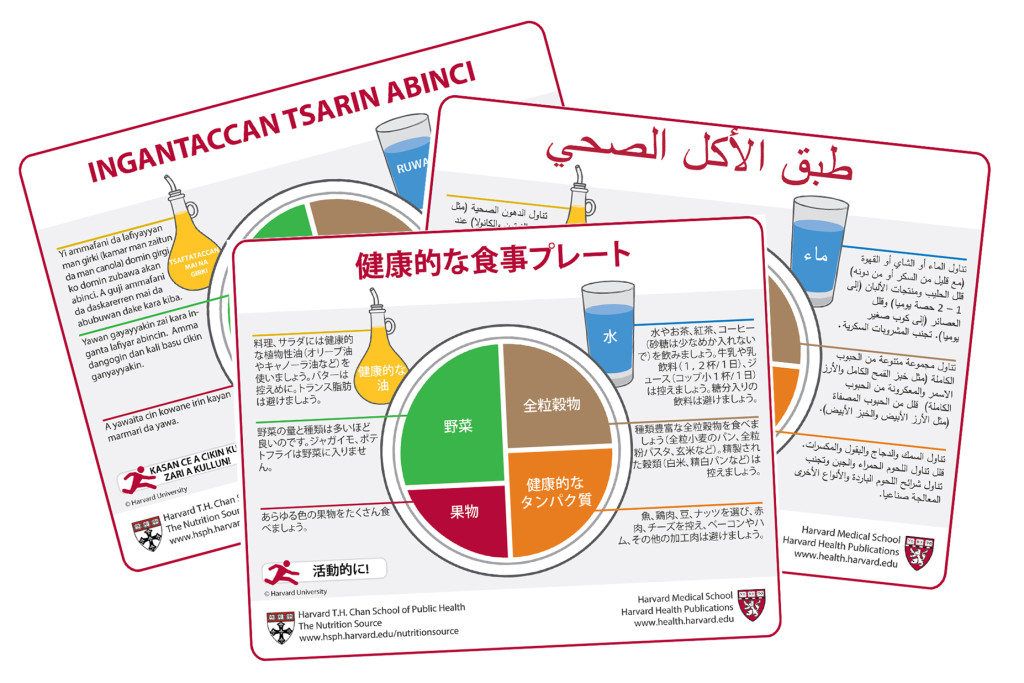 Harvard healthy eating plate with three translations