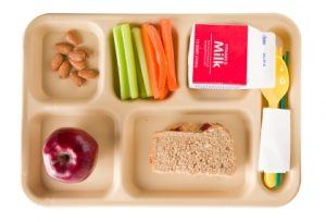 Lunch tray with apple, whole grain sandwich, almonds carrot sticks, celery sticks and milk