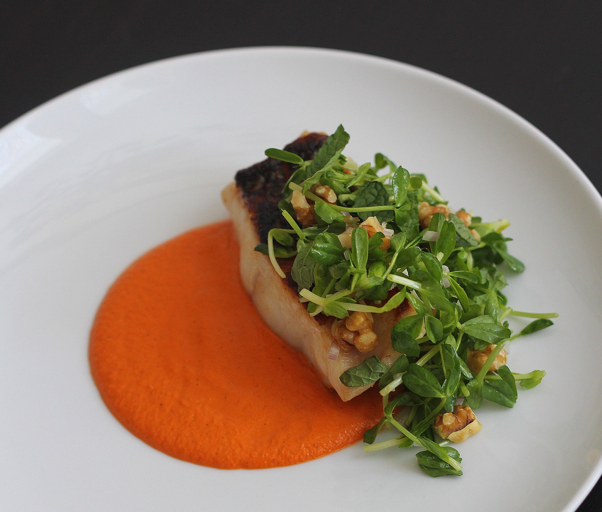 Crispy Pan Seared White Fish with Walnut Romesco and Pea Shoot Salad ...