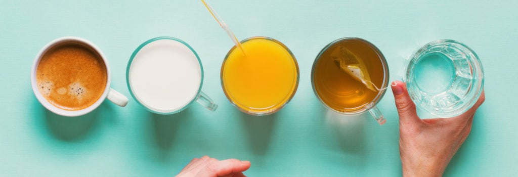 a variety of beverages lined up