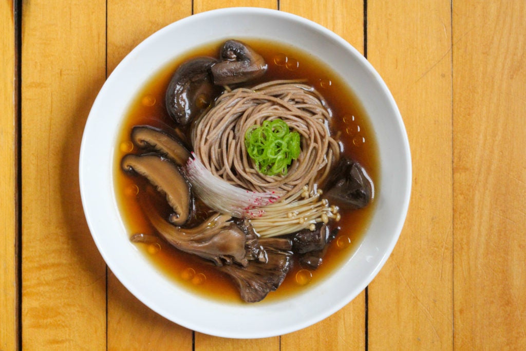 A bowl of Wild Mushroom Soup with Soba