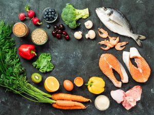 Foods containing collagen or foods that help with collagen production including fish, shellfish, meat, oranges, kiwis, bell peppers, eggs, whole grains,