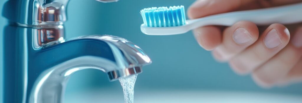 hand holding toothbrush with tap water running in background