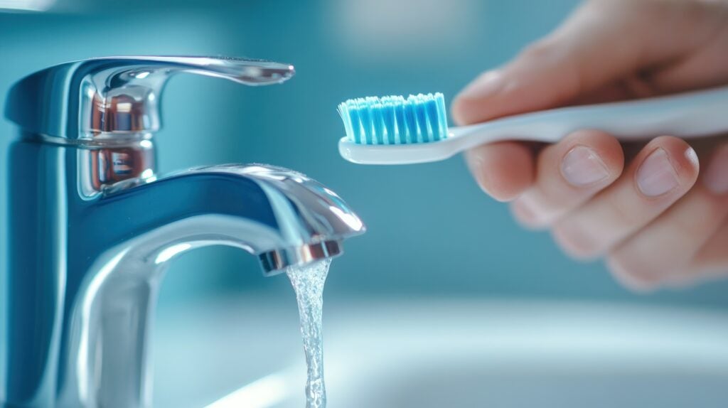 hand holding toothbrush with tap water running in background