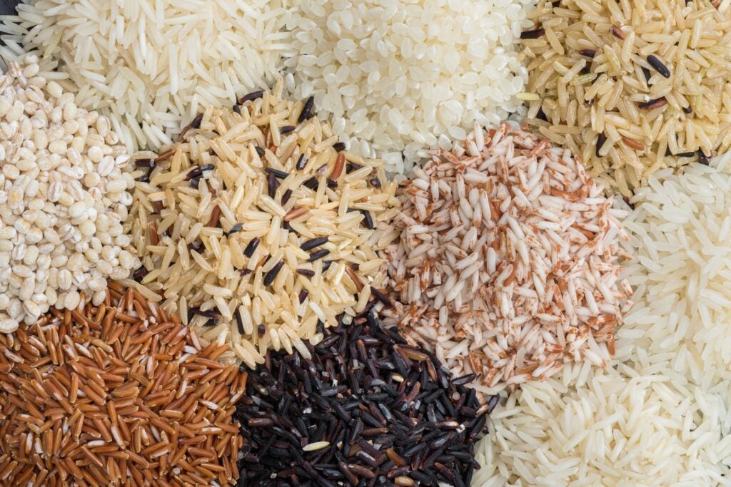 Little piles of different rice varieties