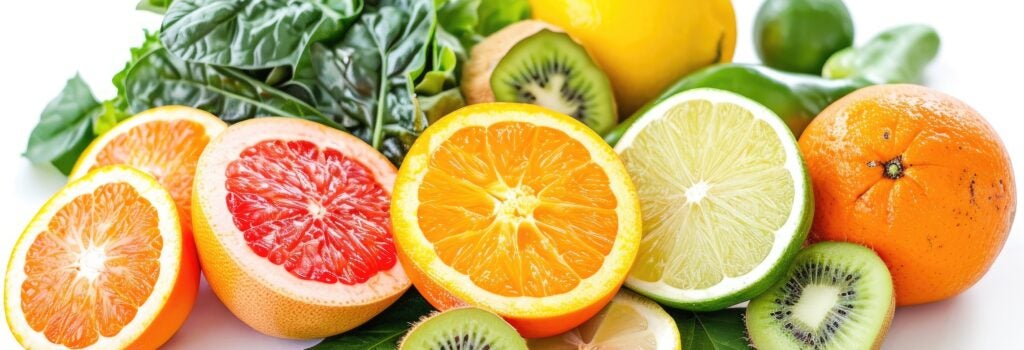 colorful variety of fruits and vegetables containing vitamin c on white background