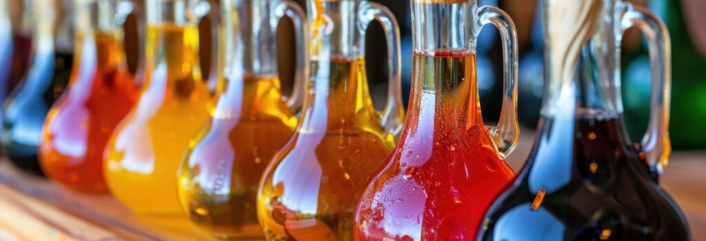 close up of multiple vinegar varieties lined up in bottles