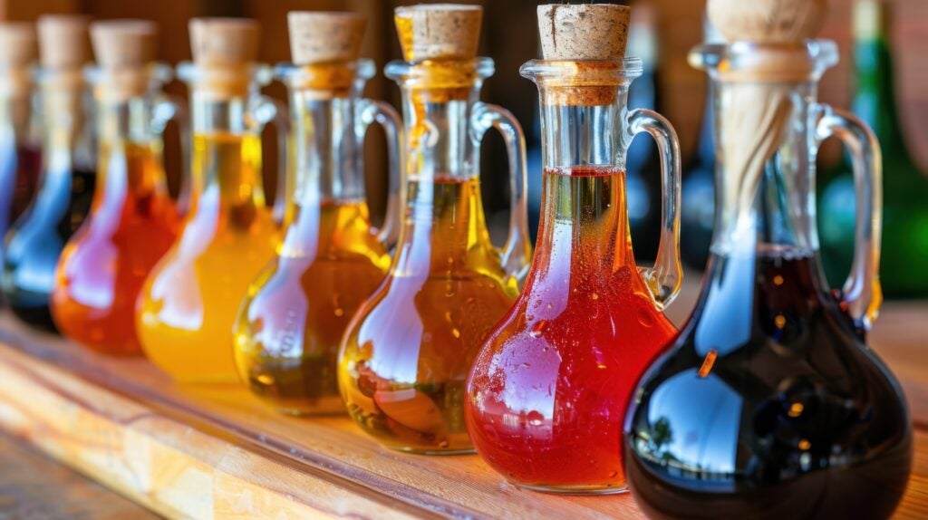 close up of multiple vinegar varieties lined up in bottles